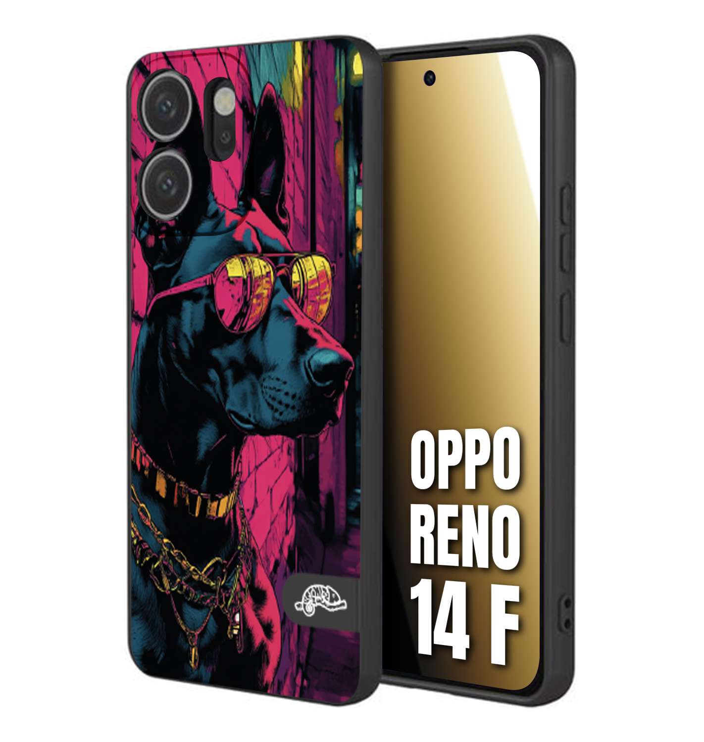 CUSTOMIZZA - Custodia cover nera morbida in tpu compatibile per Oppo Reno 14 F animali cyberpunk dobermann cane street dog fucsia blu
