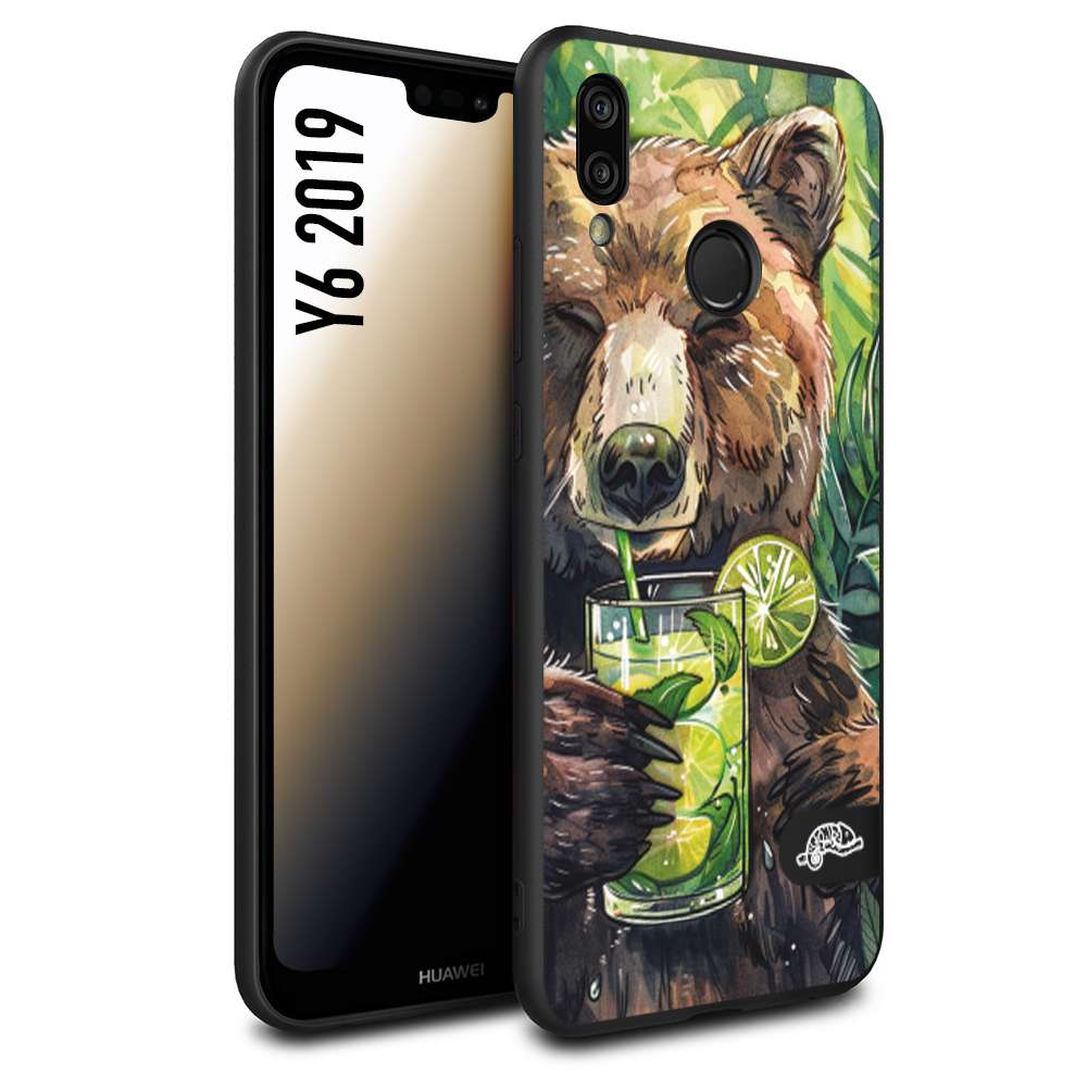 CUSTOMIZZA - Custodia cover nera morbida in tpu compatibile per Huawei Y6 2019 estate disegnata cocktails animali simpatici orso bear negroni