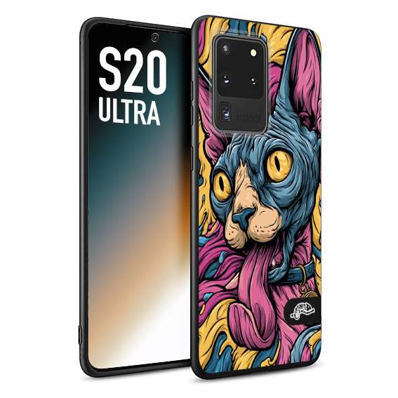 CUSTOMIZZA - Custodia cover nera morbida in tpu compatibile per Samsung S20 ULTRA Sphynx Colorato Pop Art Psichedelico Gatto Blu Rosa Giallo Artistica Fantasy