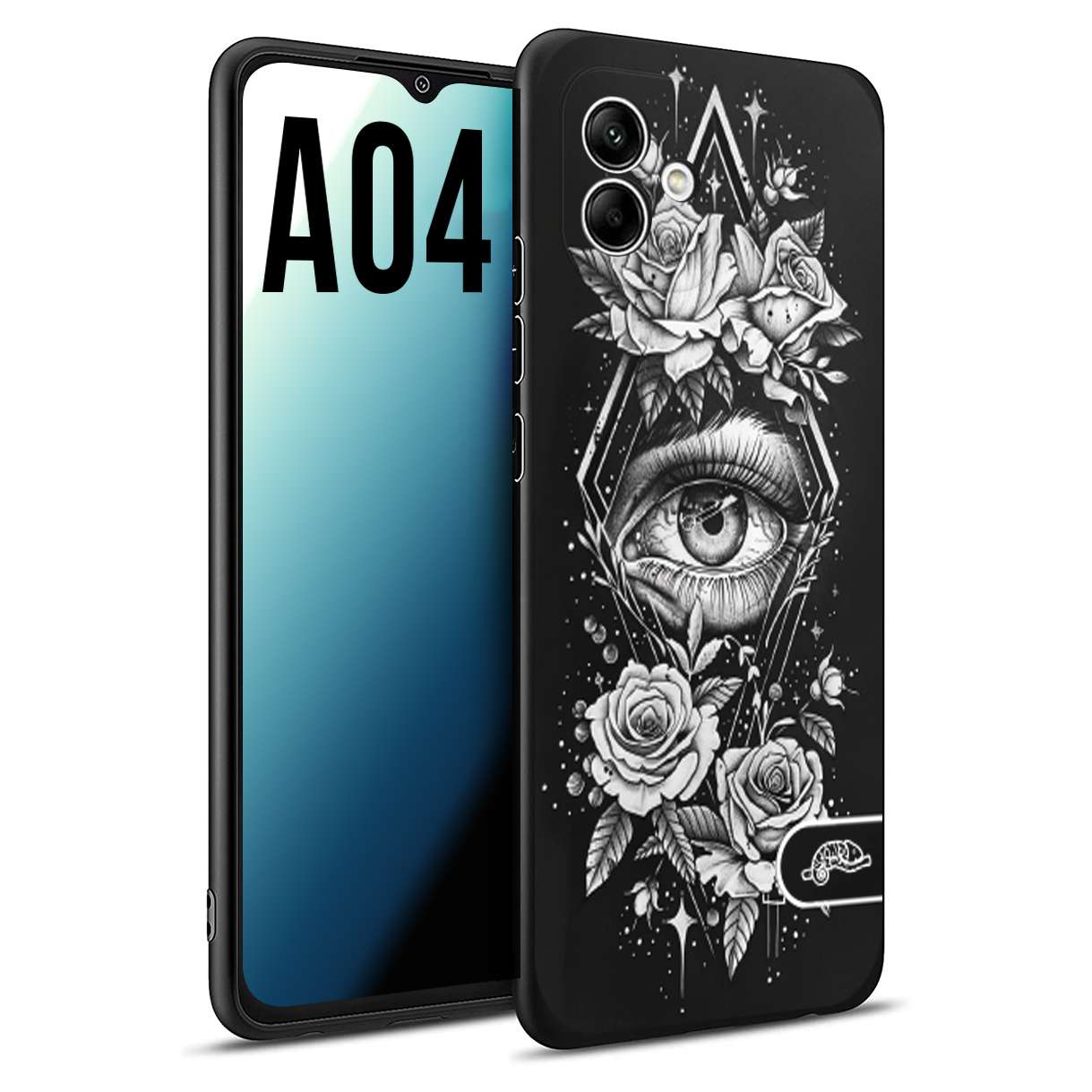 CUSTOMIZZA - Custodia cover nera morbida in tpu compatibile per Samsung A04 occhio fiori rombo geometrico black and white bianco a rilievo disegnato tattoo tatuaggio