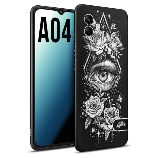 CUSTOMIZZA - Custodia cover nera morbida in tpu compatibile per Samsung A04 occhio fiori rombo geometrico black and white bianco a rilievo disegnato tattoo tatuaggio