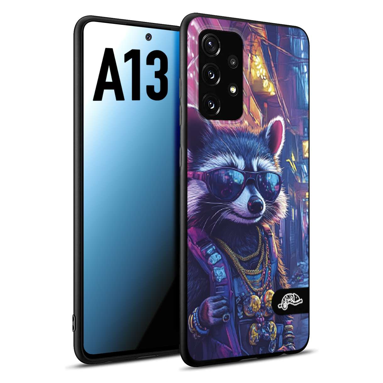 CUSTOMIZZA - Custodia cover nera morbida in tpu compatibile per Samsung A13 animali simpatici cyberpunk procione racoon street cat fucsia blu giallo