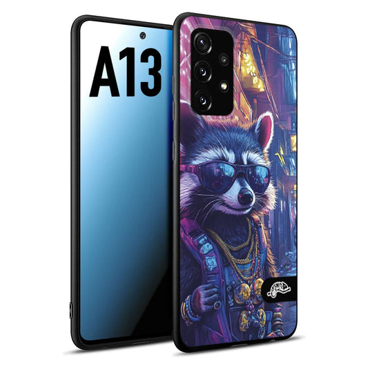 CUSTOMIZZA - Custodia cover nera morbida in tpu compatibile per Samsung A13 animali simpatici cyberpunk procione racoon street cat fucsia blu giallo