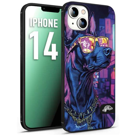 CUSTOMIZZA - Custodia cover nera morbida in tpu compatibile per iPhone 14 animali cyberpunk dobermann cane street dog fucsia blu night