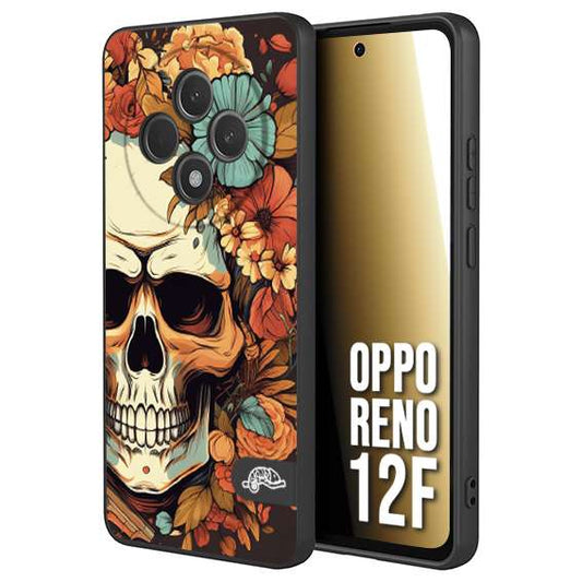 CUSTOMIZZA - Custodia cover nera morbida in tpu compatibile per Oppo Reno 12F teschio skull flowers fiori autunnali arancio celeste tattoo
