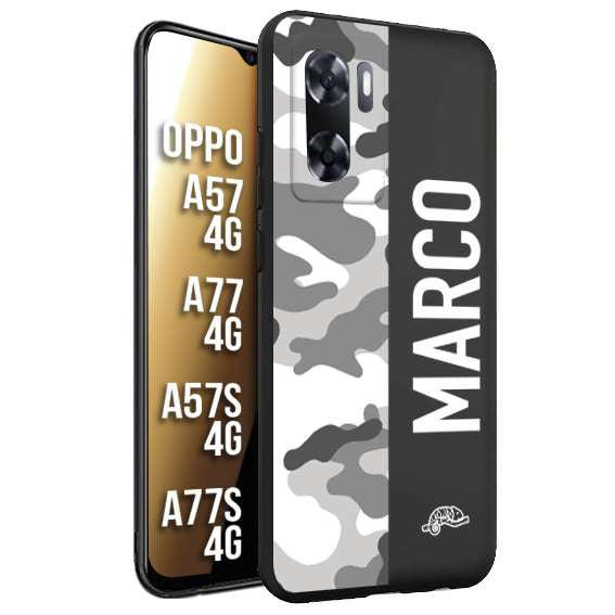 CUSTOMIZZA - Custodia cover nera morbida in tpu compatibile per Oppo A57 - A77 - A57S - A77S (4G) camouflage mimetico militare personalizzata nome bianco