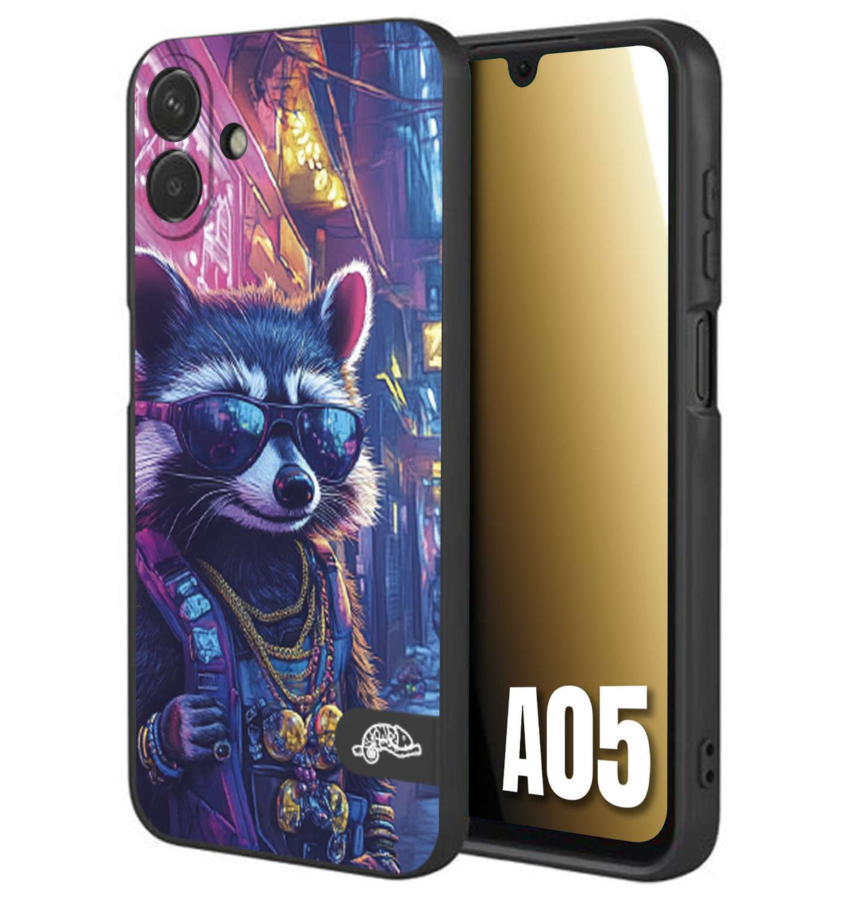 CUSTOMIZZA - Custodia cover nera morbida in tpu compatibile per Samsung A05 animali simpatici cyberpunk procione racoon street cat fucsia blu giallo