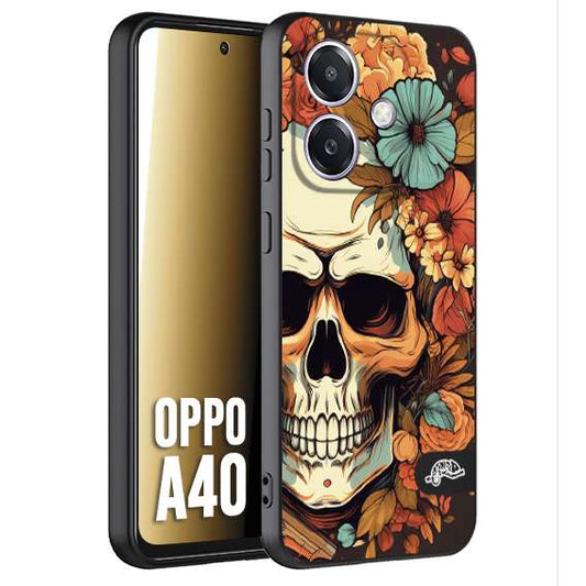 CUSTOMIZZA - Custodia cover nera morbida in tpu compatibile per Oppo A40 teschio skull flowers fiori autunnali arancio celeste tattoo