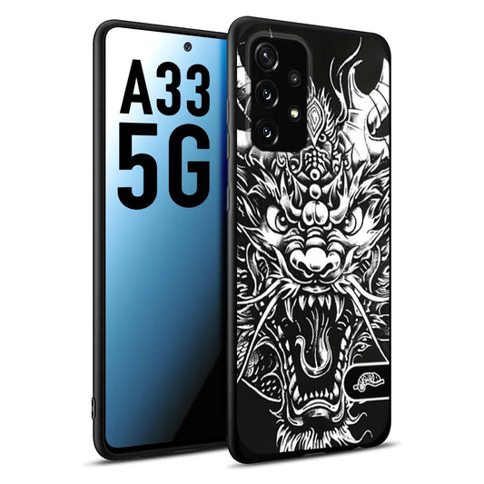 CUSTOMIZZA - Custodia cover nera morbida in tpu compatibile per Samsung A33 5G drago black and white bianco a rilievo disegnato tattoo tatuaggio