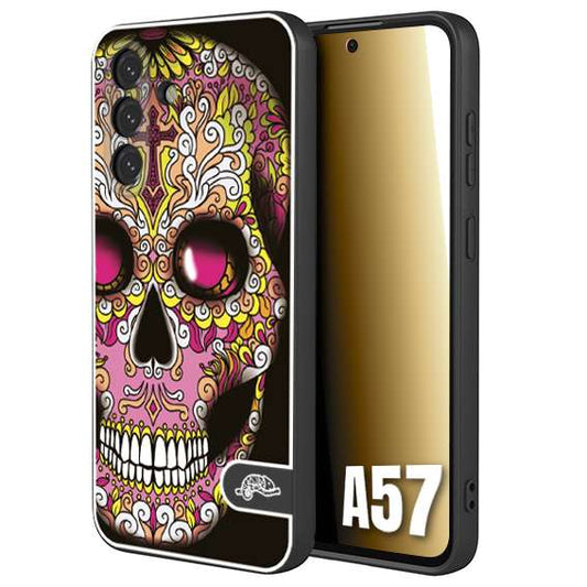 CUSTOMIZZA - Custodia cover nera morbida in tpu compatibile per Samsung A57 teschio messicano Mexican skull rosa gialla