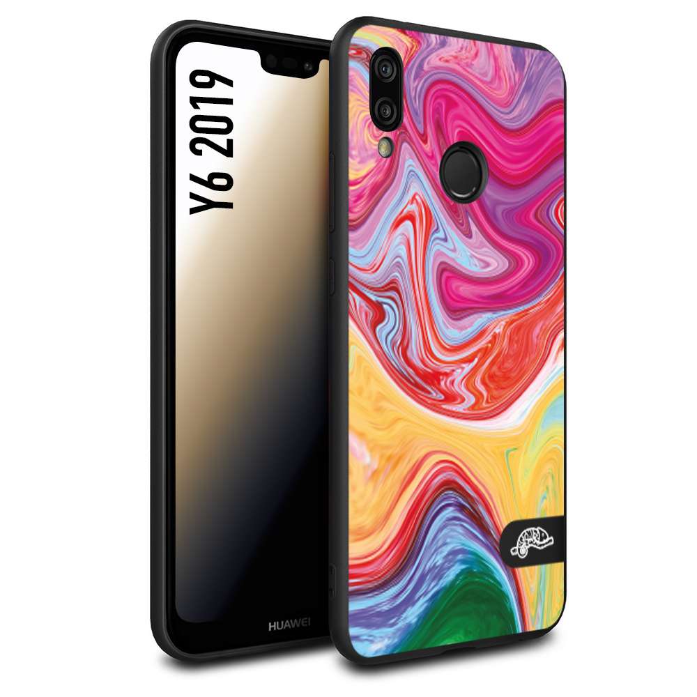 CUSTOMIZZA - Custodia cover nera morbida in tpu compatibile per Huawei Y6 2019 colorata fantasia vortice marmo onde verde fucsia gialla