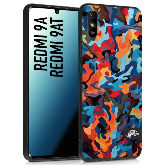 CUSTOMIZZA - Custodia cover nera morbida in tpu compatibile per Xiaomi Redmi 9A - 9AT camouflage mimetico militare moderno blu arancio rosso