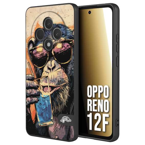 CUSTOMIZZA - Custodia cover nera morbida in tpu compatibile per Oppo Reno 12F estate disegnata cocktails animali simpatici scimmia monkey negroni
