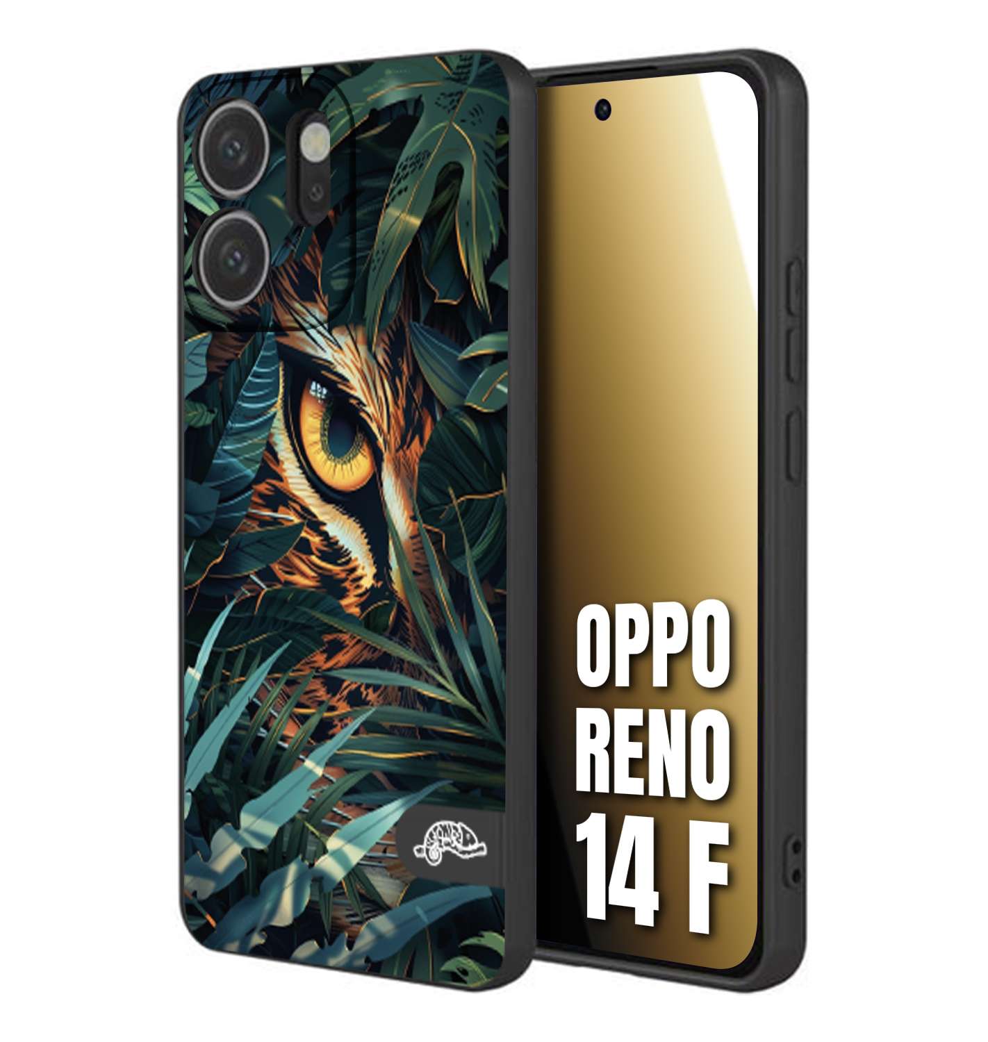 CUSTOMIZZA - Custodia cover nera morbida in tpu compatibile per Oppo Reno 14 F animali color giungla tropicale occhio di giaguaro felino disegnato