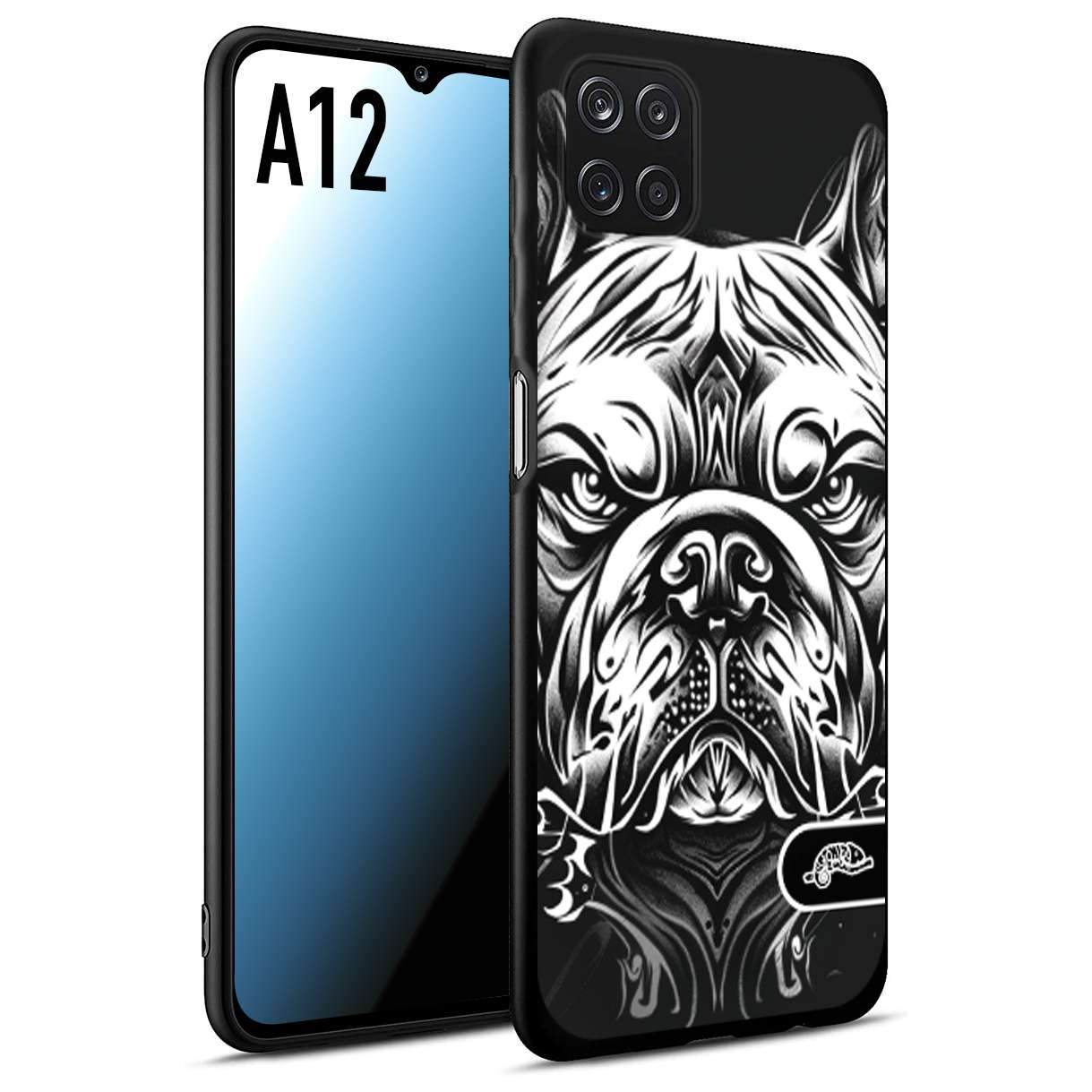 CUSTOMIZZA - Custodia cover nera morbida in tpu compatibile per Samsung A12 bulldog bianco a rilievo disegnato tattoo tatuaggio