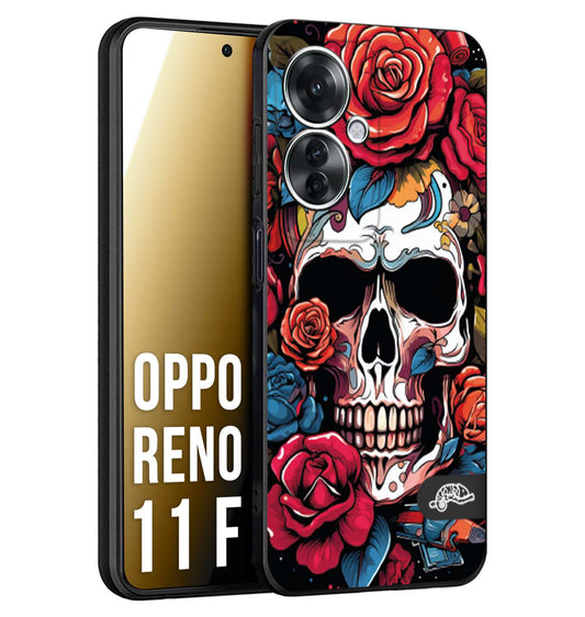 CUSTOMIZZA - Custodia cover nera morbida in tpu compatibile per Oppo Reno 11 F 5G teschio skull flowers fiori rose rosse tattoo disegnato