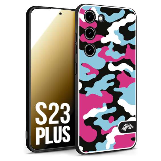 CUSTOMIZZA - Custodia cover nera morbida in tpu compatibile per Samsung S23 PLUS camouflage mimetico militare fucsia celeste