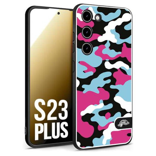 CUSTOMIZZA - Custodia cover nera morbida in tpu compatibile per Samsung S23 PLUS camouflage mimetico militare fucsia celeste