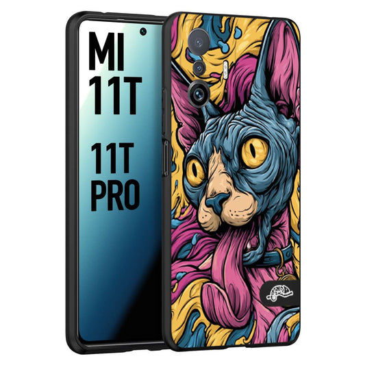 CUSTOMIZZA - Custodia cover nera morbida in tpu compatibile per Xiaomi Mi 11T - Mi 11T PRO Sphynx Colorato Pop Art Psichedelico Gatto Blu Rosa Giallo Artistica Fantasy
