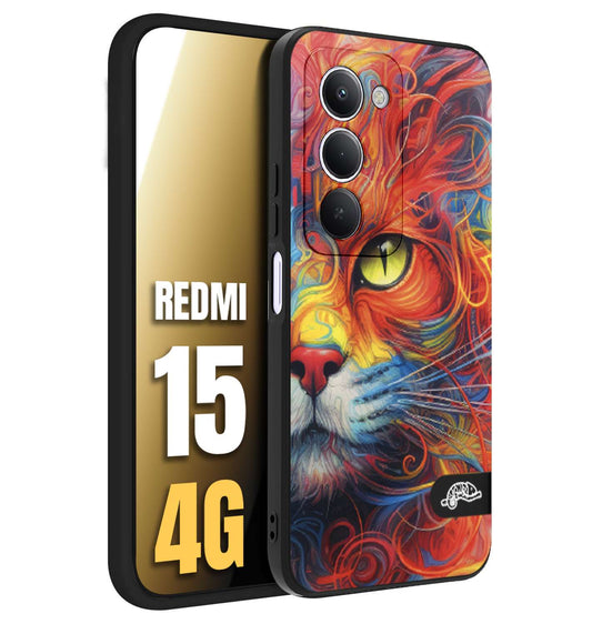 CUSTOMIZZA - Custodia cover nera morbida in tpu compatibile per Xiaomi Redmi 15 4G animali color cat gatto viso colori vibranti disegnato schizzo