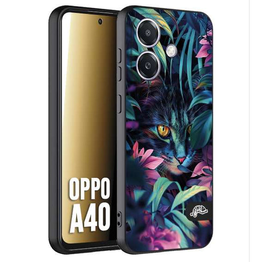 CUSTOMIZZA - Custodia cover nera morbida in tpu compatibile per Oppo A40 animali color giungla tropicale occhio di gatto colori vibranti disegnato