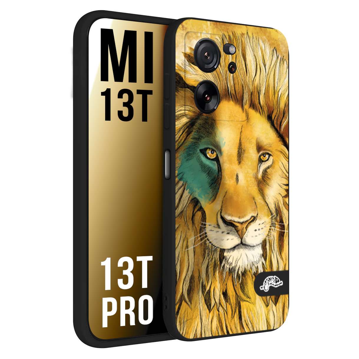 CUSTOMIZZA - Custodia cover nera morbida in tpu compatibile per Xiaomi 13T - 13T PRO leone lion disegnato a mano giallo blu a rilievo artistico brown