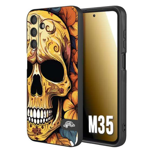 CUSTOMIZZA - Custodia cover nera morbida in tpu compatibile per Samsung M35 teschio messicano colorato dorato fiori autunnali disegnato