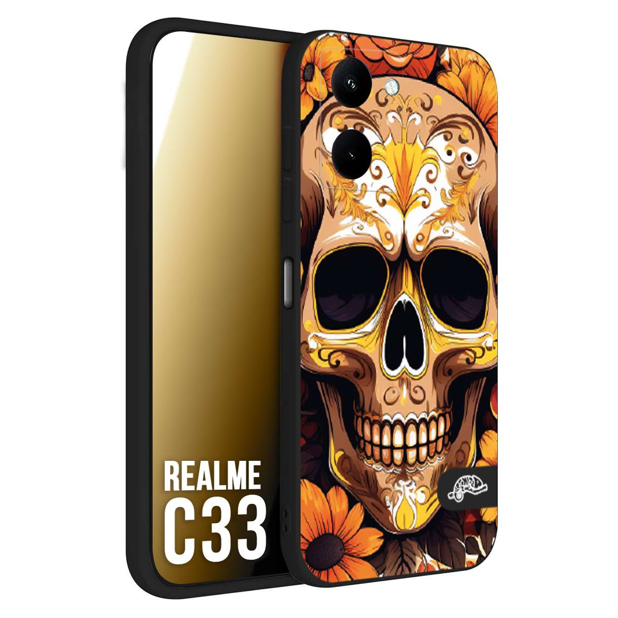 CUSTOMIZZA - Custodia cover nera morbida in tpu compatibile per Oppo Realme C33 teschio messicano colorato dorato fiori tattoo disegnato