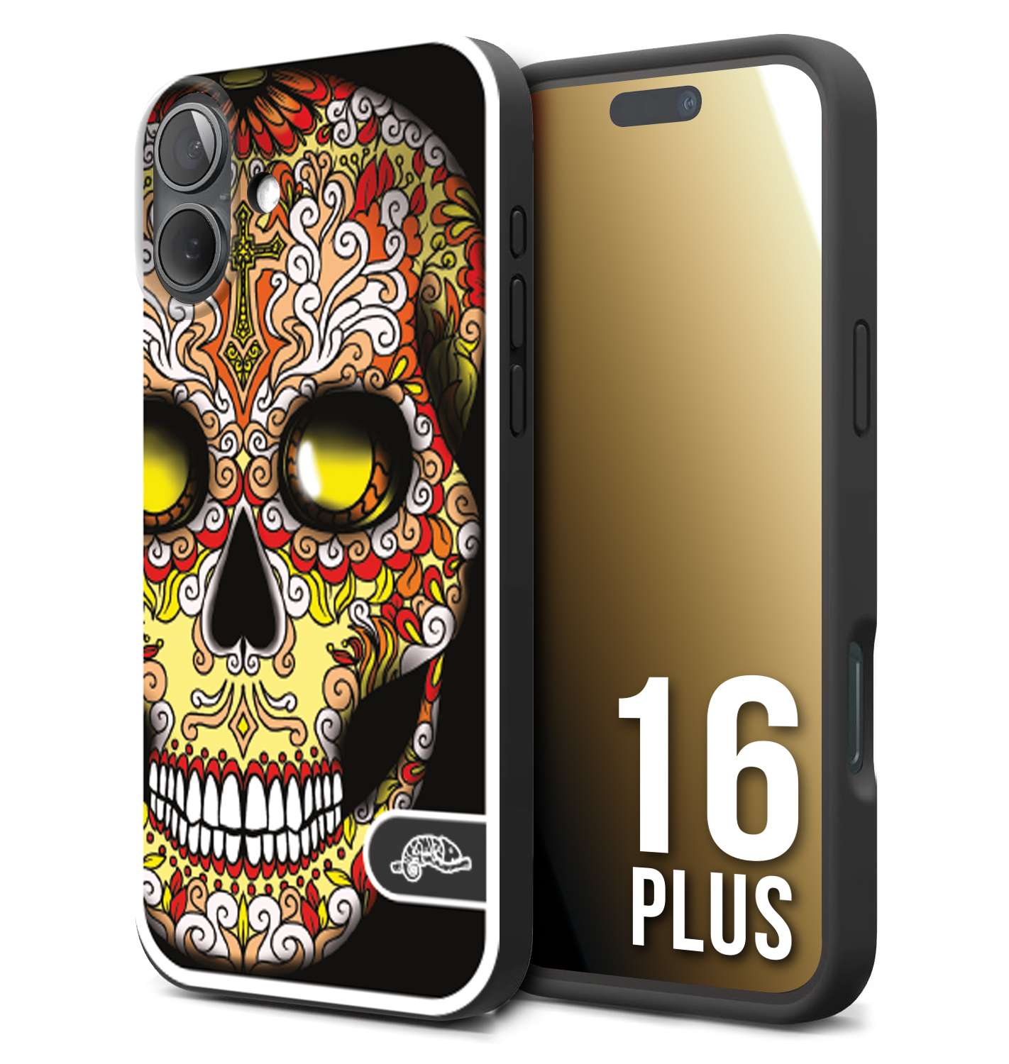 CUSTOMIZZA - Custodia cover nera morbida in tpu compatibile per iPhone 16 PLUS teschio messicano Mexican skull giallo rosso arancio