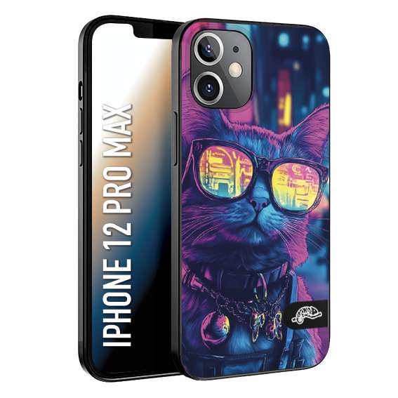 CUSTOMIZZA - Custodia cover nera morbida in tpu compatibile per iPhone 12 PRO MAX animali cyberpunk gatto street cat fucsia blu giallo