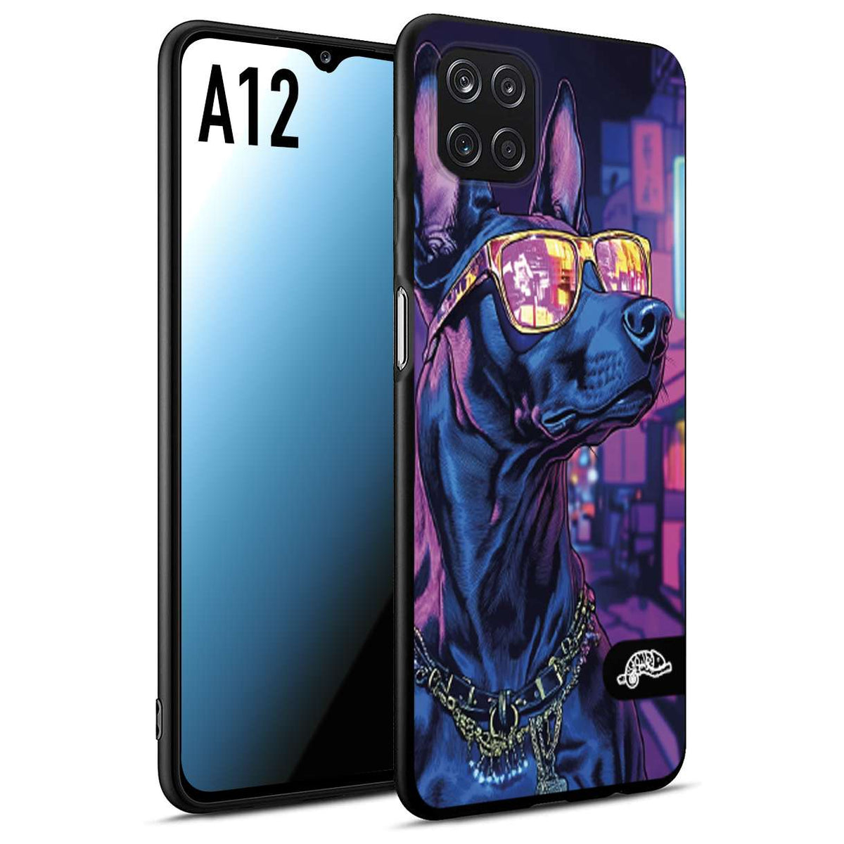 CUSTOMIZZA - Custodia cover nera morbida in tpu compatibile per Samsung A12 animali cyberpunk dobermann cane street dog fucsia blu night