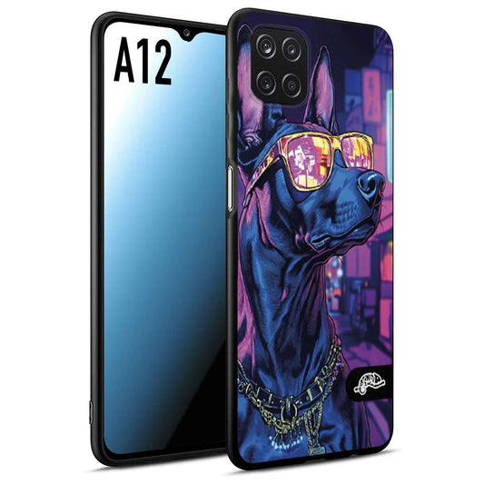 CUSTOMIZZA - Custodia cover nera morbida in tpu compatibile per Samsung A12 animali cyberpunk dobermann cane street dog fucsia blu night