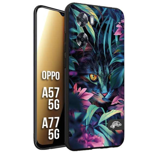 CUSTOMIZZA - Custodia cover nera morbida in tpu compatibile per Oppo A57 5G - A77 5G animali color giungla tropicale occhio di gatto colori vibranti disegnato