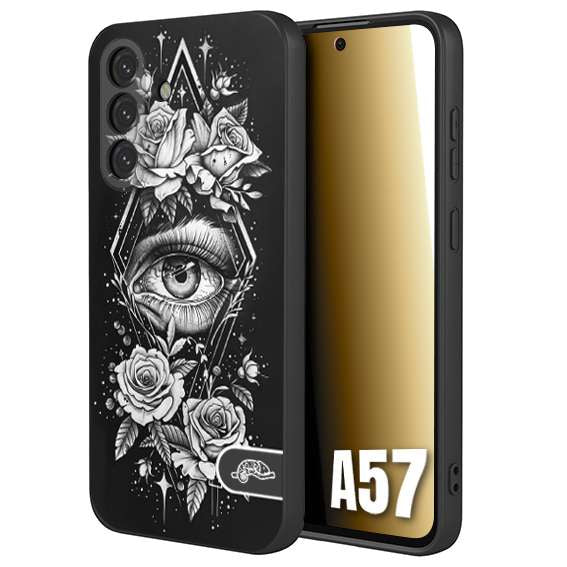 CUSTOMIZZA - Custodia cover nera morbida in tpu compatibile per Samsung A57 occhio fiori rombo geometrico black and white bianco a rilievo disegnato tattoo tatuaggio