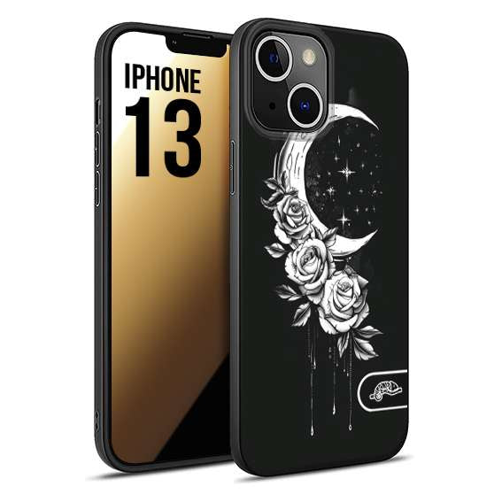 CUSTOMIZZA - Custodia cover nera morbida in tpu compatibile per iPhone 13 luna e fiori moon flowers black and white bianco a rilievo disegnato tattoo tatuaggio