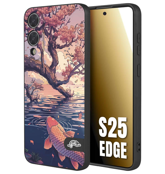 CUSTOMIZZA - Custodia cover nera morbida in tpu compatibile per Samsung S25 EDGE giapponese lago carpa koi rosa con foglie d'acero disegnata tattoo