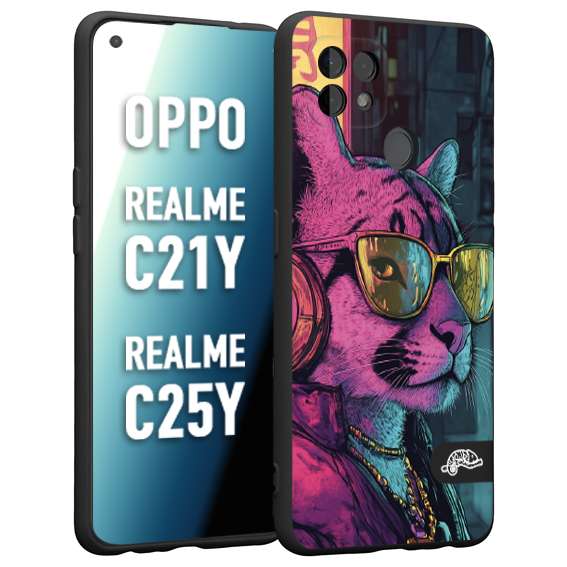 CUSTOMIZZA - Custodia cover nera morbida in tpu compatibile per Realme C21Y - C25Y animali cyberpunk pantera street cat fucsia blu giallo