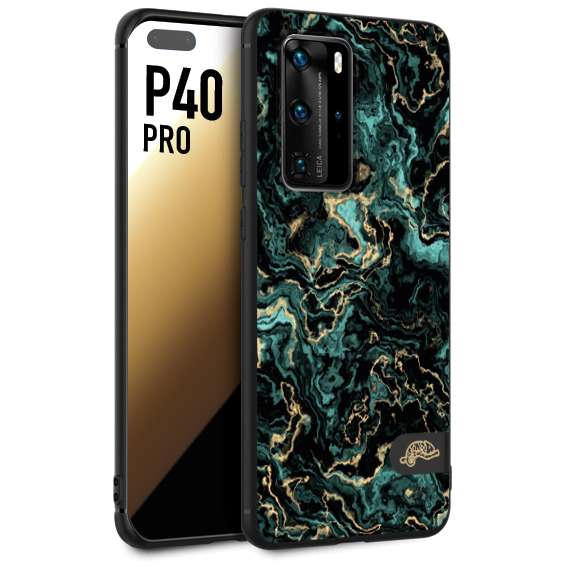 CUSTOMIZZA - Custodia cover nera morbida in tpu compatibile per Huawei P40 PRO effetto marmo marble verde green venature dorato pietra