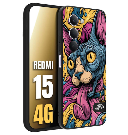 CUSTOMIZZA - Custodia cover nera morbida in tpu compatibile per Xiaomi Redmi 15 4G Sphynx Colorato Pop Art Psichedelico Gatto Blu Rosa Giallo Artistica Fantasy