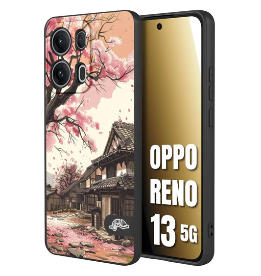 CUSTOMIZZA - Custodia cover nera morbida in tpu compatibile per Oppo Reno 13 5G casa giapponese rosa ciliegio in fiore disegnata tattoo
