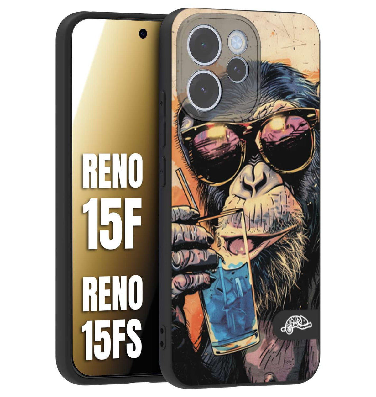 CUSTOMIZZA - Custodia cover nera morbida in tpu compatibile per Oppo Reno 15 F - Reno 15 FS estate disegnata cocktails animali simpatici scimmia monkey negroni