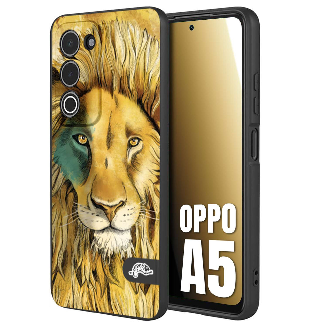CUSTOMIZZA - Custodia cover nera morbida in tpu compatibile per Oppo A5 leone lion disegnato a mano giallo blu a rilievo artistico brown