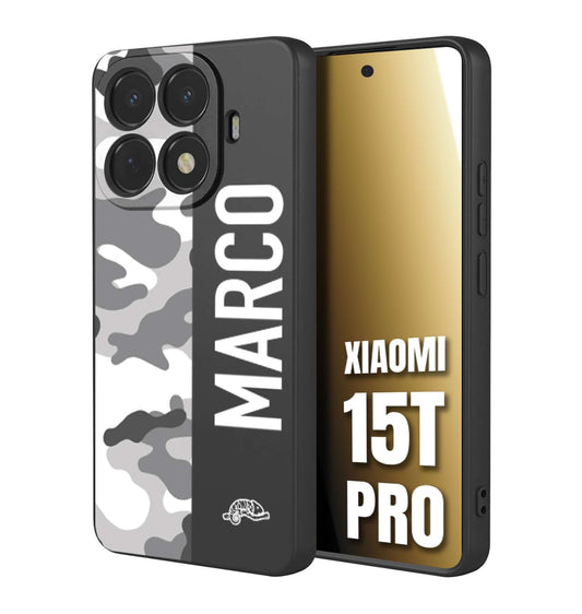 CUSTOMIZZA - Custodia cover nera morbida in tpu compatibile per Xiaomi 15T PRO camouflage mimetico militare personalizzata nome bianco