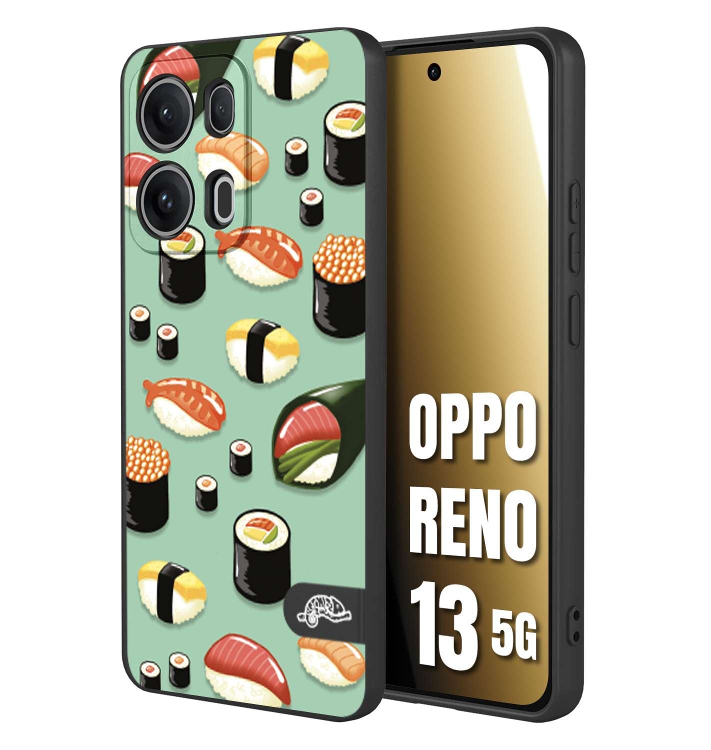 CUSTOMIZZA - Custodia cover nera morbida in tpu compatibile per Oppo Reno 13 5G sushi disegni giapponese nighiri acquamarina verde