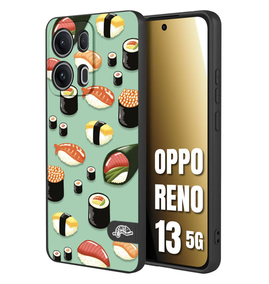CUSTOMIZZA - Custodia cover nera morbida in tpu compatibile per Oppo Reno 13 5G sushi disegni giapponese nighiri acquamarina verde