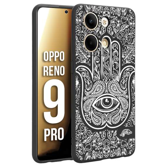 CUSTOMIZZA - Custodia cover nera morbida in tpu compatibile per Oppo Reno 9 PRO mano di fatima effetto rilievo mandala donna