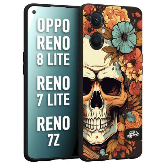 CUSTOMIZZA - Custodia cover nera morbida in tpu compatibile per Oppo Reno 7 Lite - 8 Lite - 7Z teschio skull flowers fiori autunnali arancio celeste tattoo