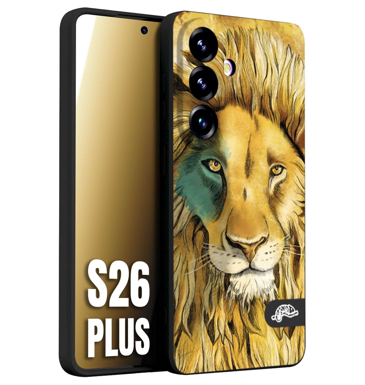 CUSTOMIZZA - Custodia cover nera morbida in tpu compatibile per Samsung S26 PLUS leone lion disegnato a mano giallo blu a rilievo artistico brown