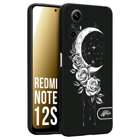 CUSTOMIZZA - Custodia cover nera morbida in tpu compatibile per Xiaomi Redmi Note 12S luna e fiori moon flowers black and white bianco a rilievo disegnato tattoo tatuaggio