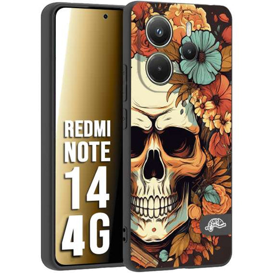 CUSTOMIZZA - Custodia cover nera morbida in tpu compatibile per Xiaomi Redmi Note 14 4G teschio skull flowers fiori autunnali arancio celeste tattoo